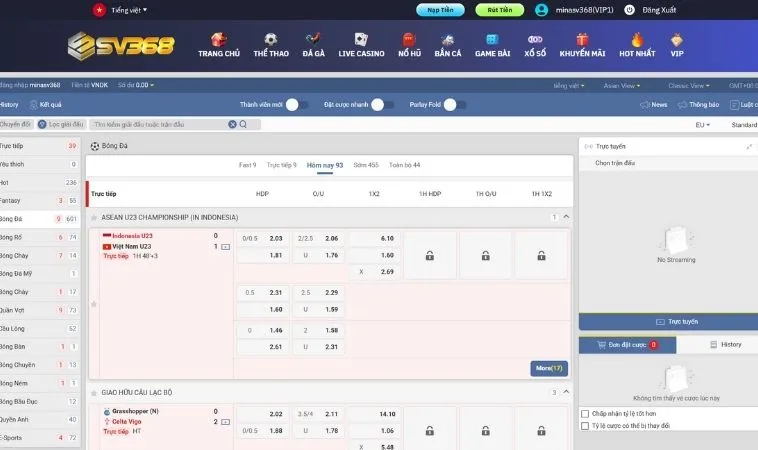 Bảng kèo cá cược bóng đá SV368