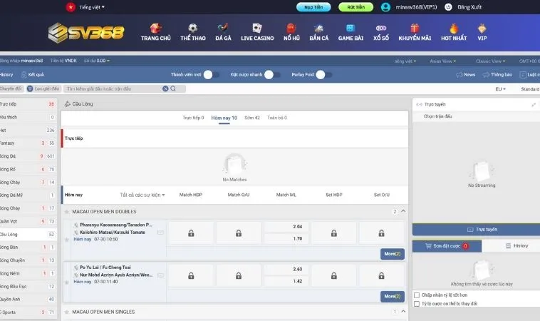 Giao diện đặt kèo cá cược Cầu Lông tại SV368