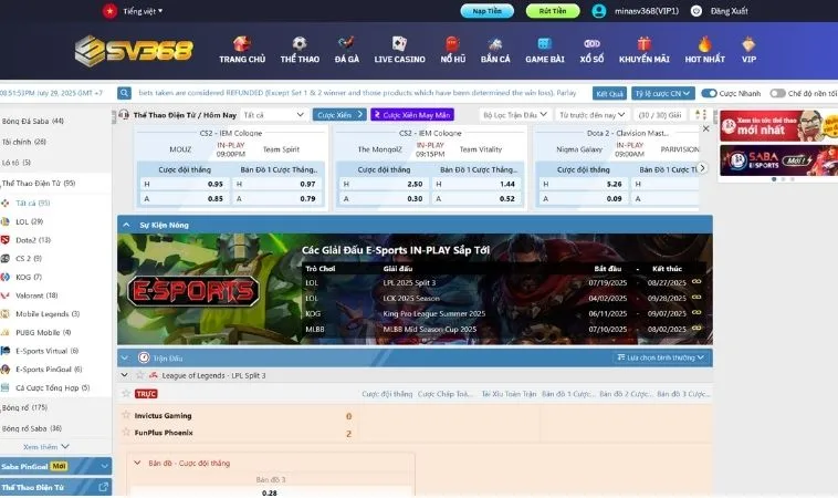 Giao diện cá cược Thể Thao Điện Tử Tại SV368