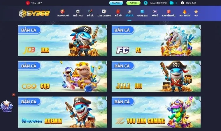 Sảnh bắn cá SV368 hợp tác với nhiều nhà cung cấp game bắn cá chất lượng