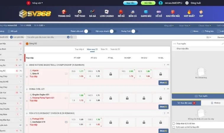 Giao diện đặt cược kèo bóng rổ SV368