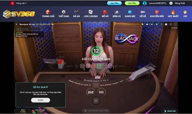 Bàn chơi Blackjack tại SV368